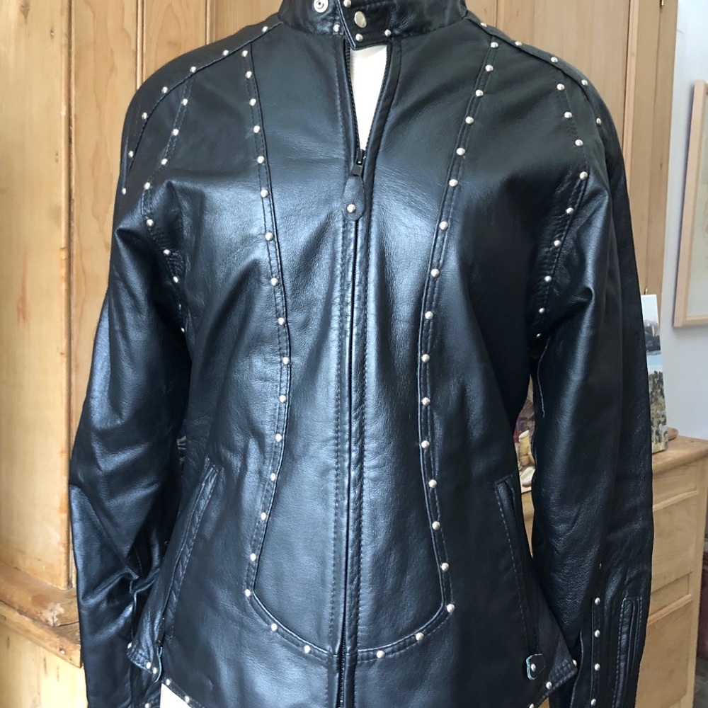 Bold Silver Studded Black Leather Jacket Size 6-8. See notes